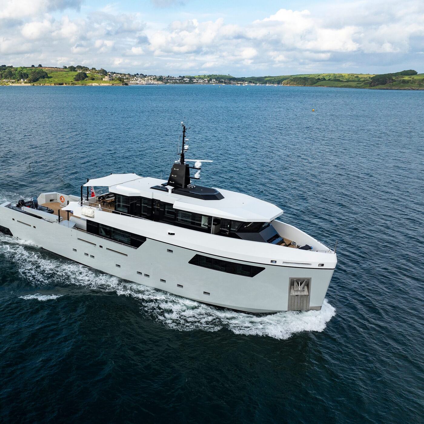 Expedition yacht FOX underway, aerial view